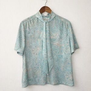 Devon Paisley‎ Blouse Women's L Blue Vintage Tie Neck Short Sleeve ILGWU Union